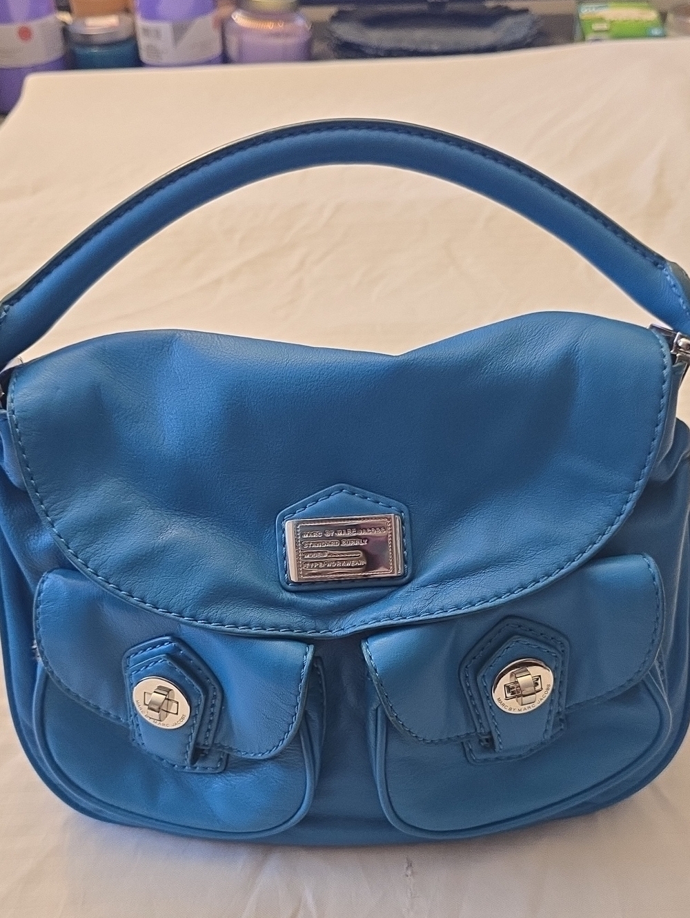 Marc Jacobs Blue Leather Shoulder Bag with Front Pockets